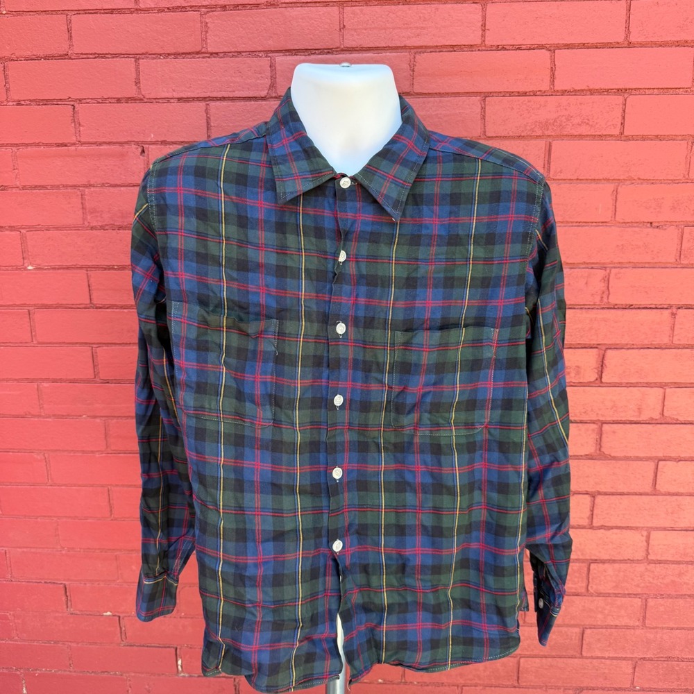 Vtg 60s Sears Milliken Rayon Plaid check Shirts Size Large Washable Green Blue
